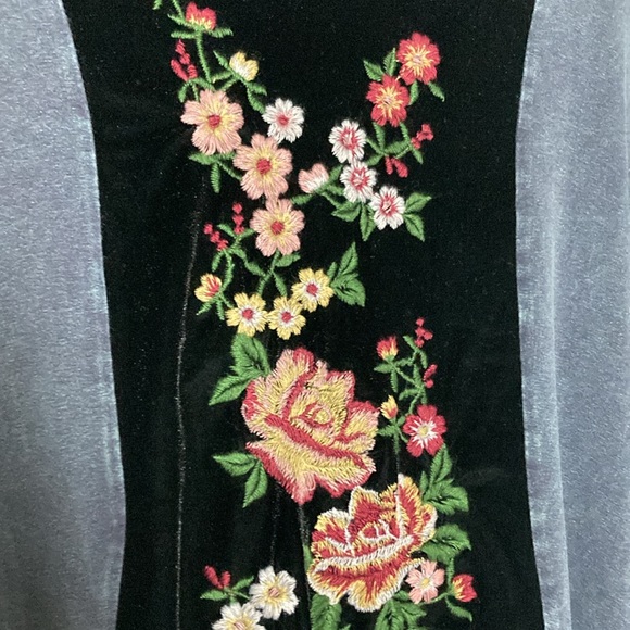 Embroidered Velvet & Stretch Cotton Scoop Neck Long Sleeve Extra Long Top M/L - Picture 4 of 11